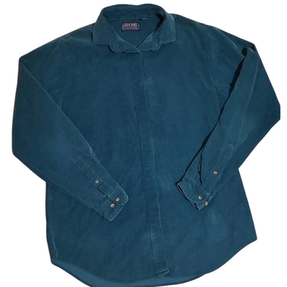 Green Corduroy Vintage Land's End Retro Button Shirt-Size 14